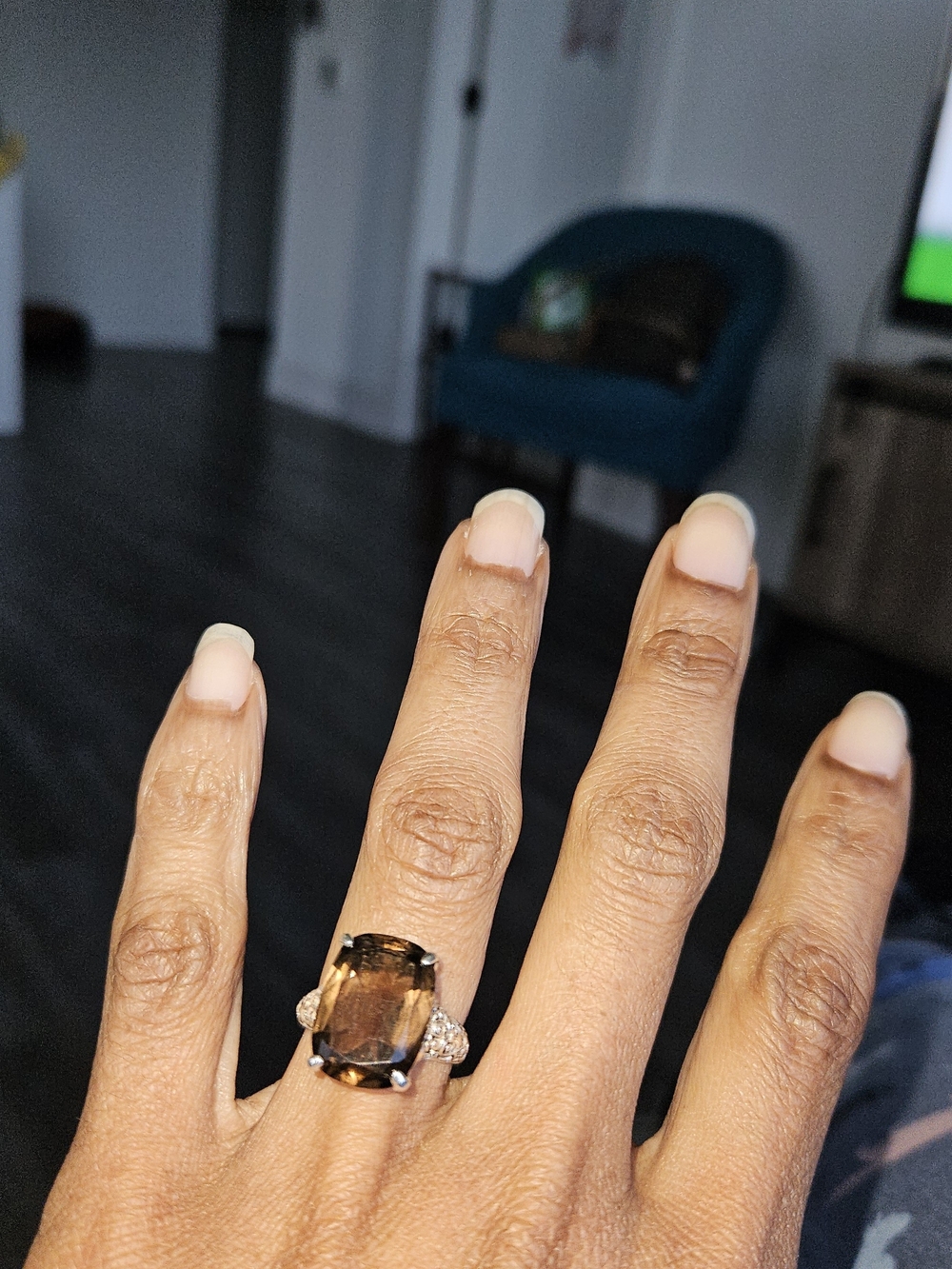 Smoky Quartz Cocktail Ring with Side Stones - Brown Size 7